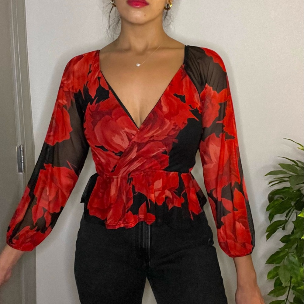 Rose Floral Blouse Long Sleeve Shirt Black Red Mesh Size Small
